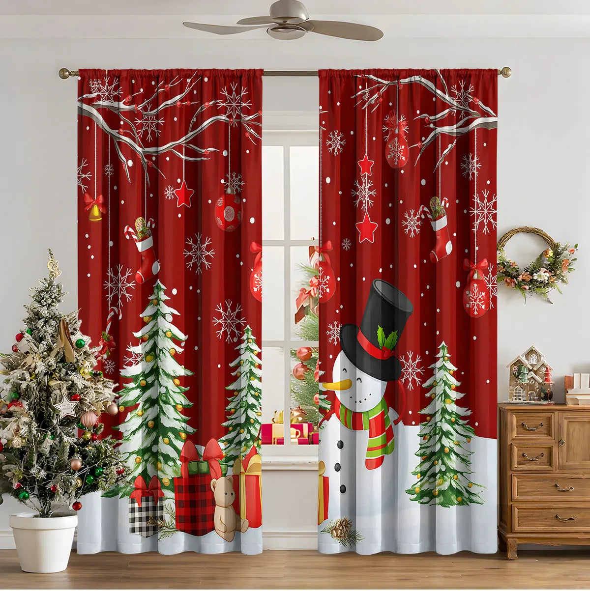 3D digitally printed Christmas curtain panel in a modern style, made from polyester fabric.