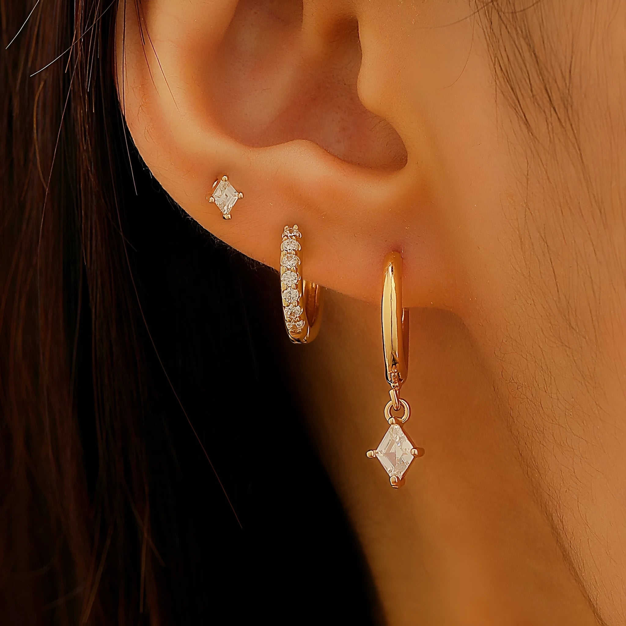 Geometric zircon earring three-piece set for women with gold and silver colour options