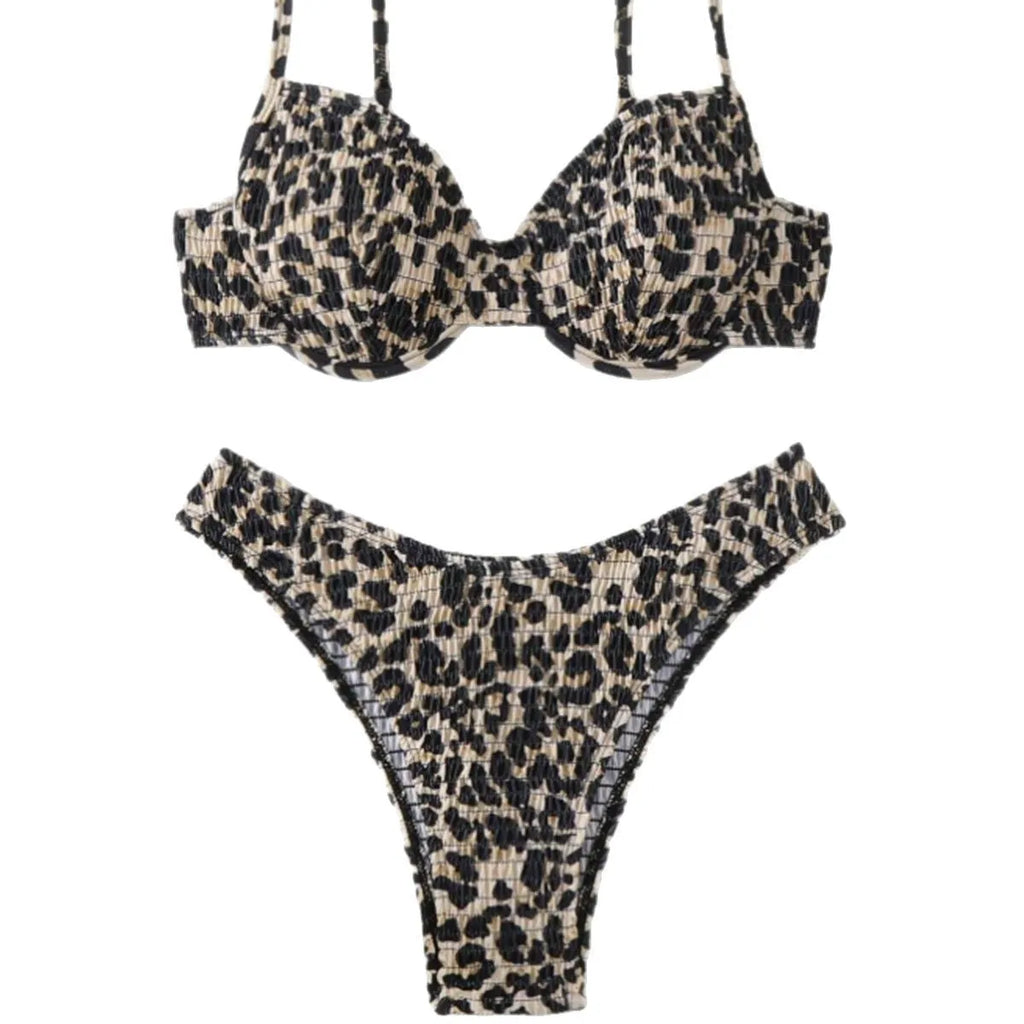 Leopard point bikini swimsuit set for women in backless briefs style, shown in brown mixed colour.