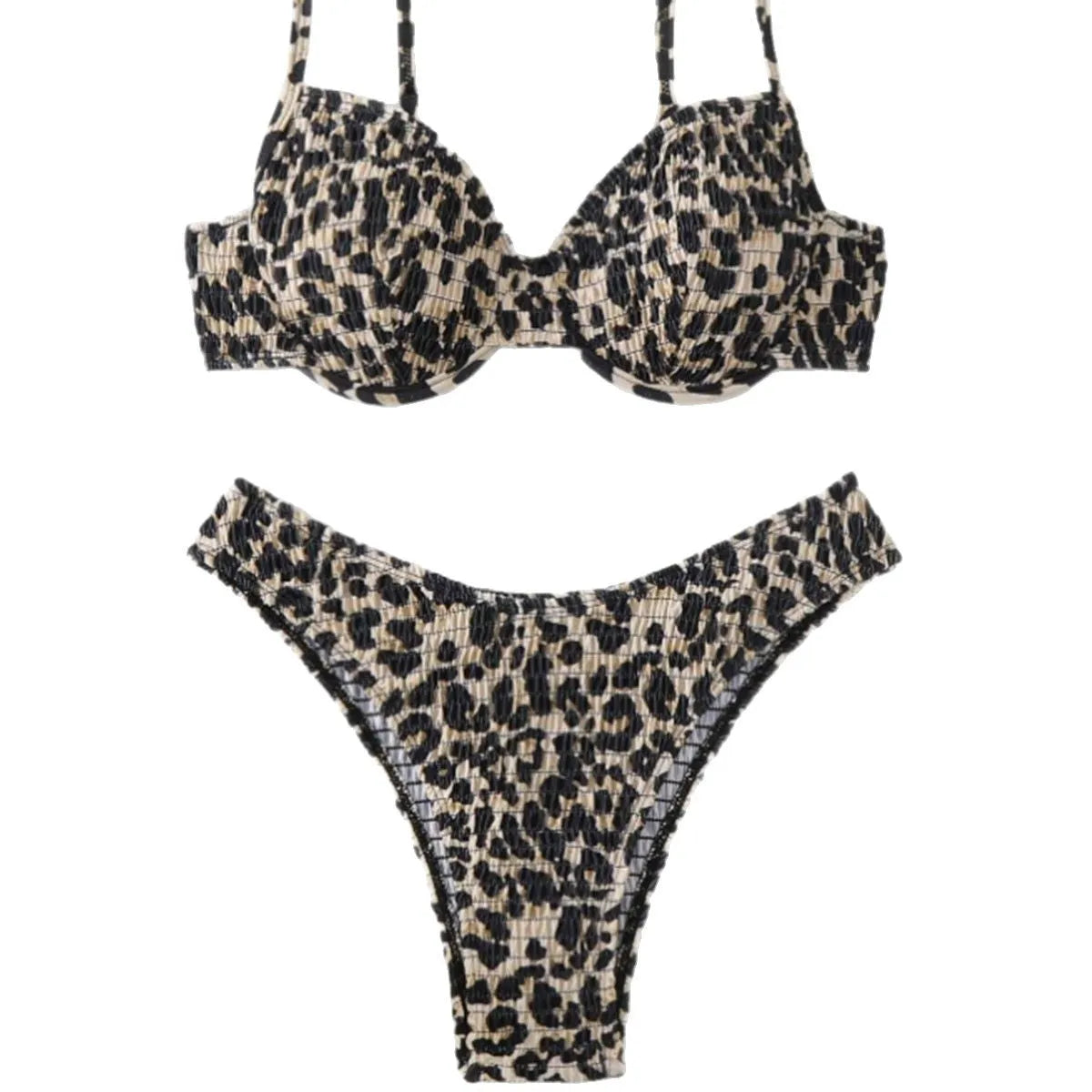 Leopard point bikini swimsuit set for women in backless briefs style, shown in brown mixed colour.