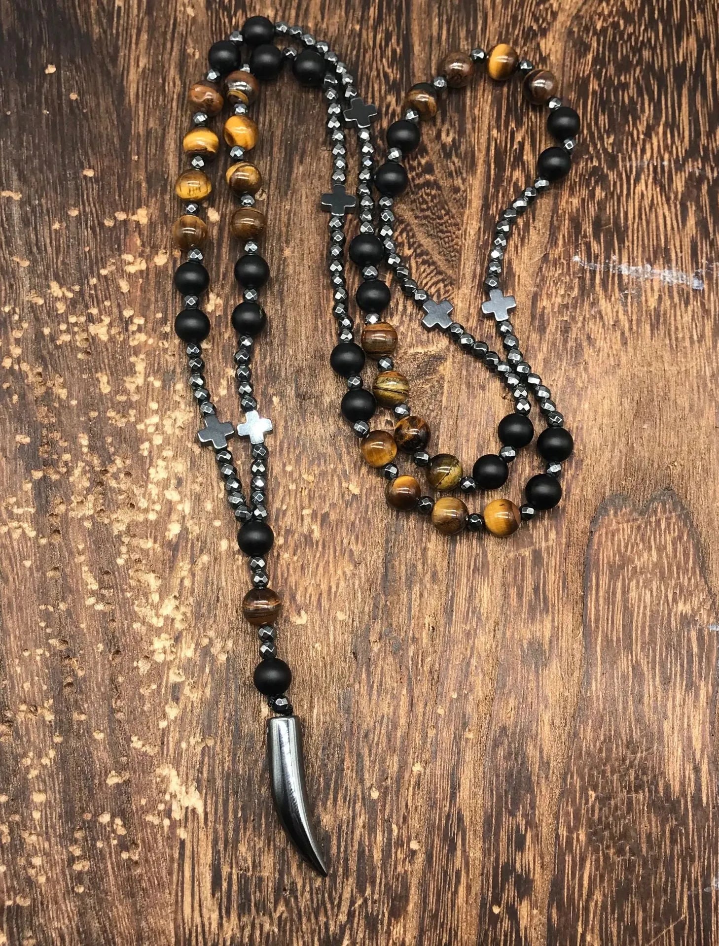 Men's stone cross pendant necklace with ball bead chain and safety lock clasp