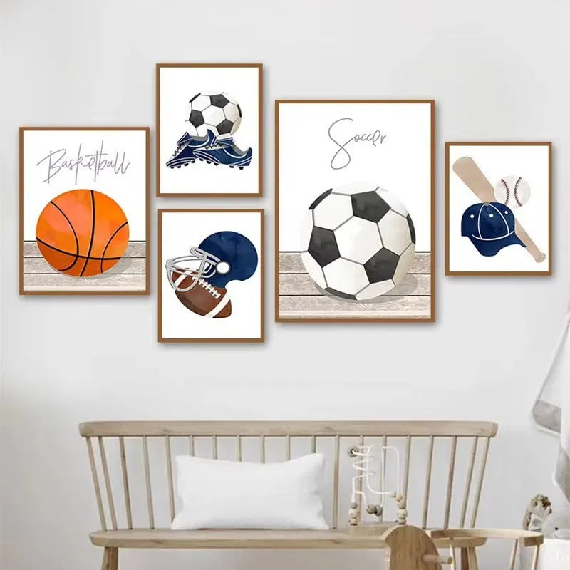 Cartoon sports canvas wall art with football, basketball, and baseball tools for children's bedroom