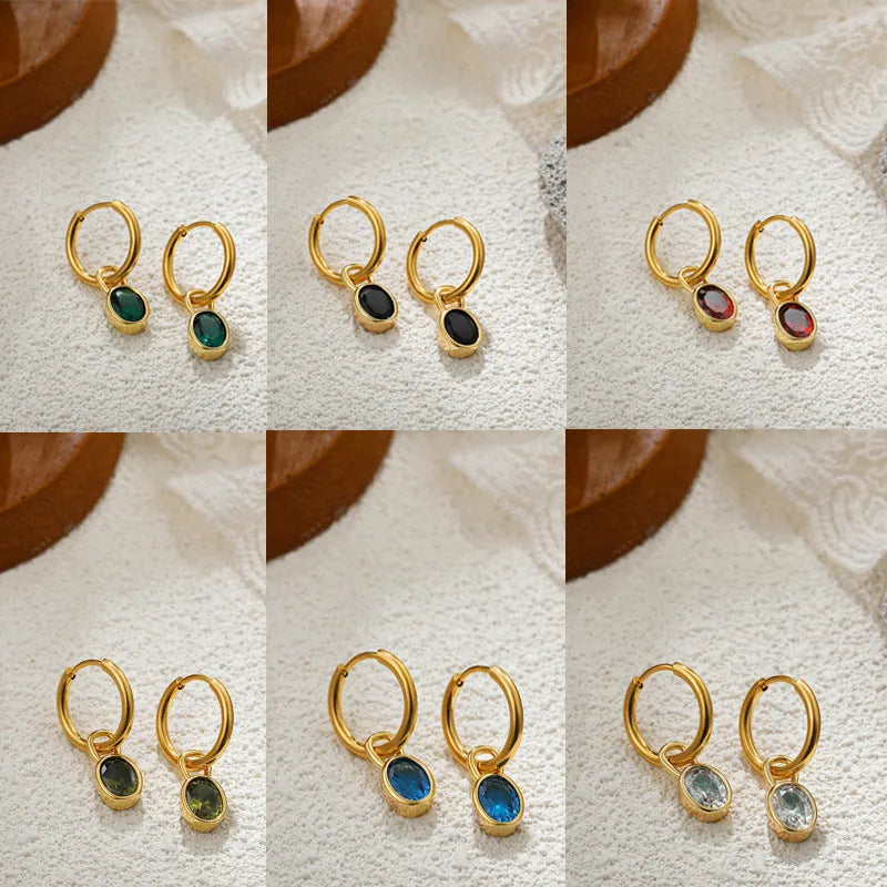 Women's retro oval zircon earrings in six colour options with copper construction and ellipse design