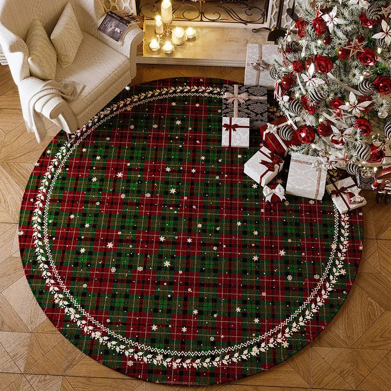 Round red Christmas floor mat with velvet texture in living room setting