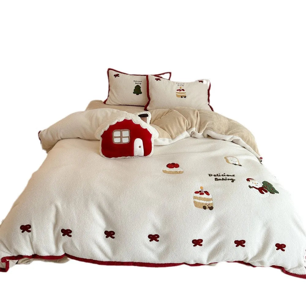 Christmas cartoon bedding four-piece set showing bed sheet, duvet cover and pillowcases with pastel milk cake pattern