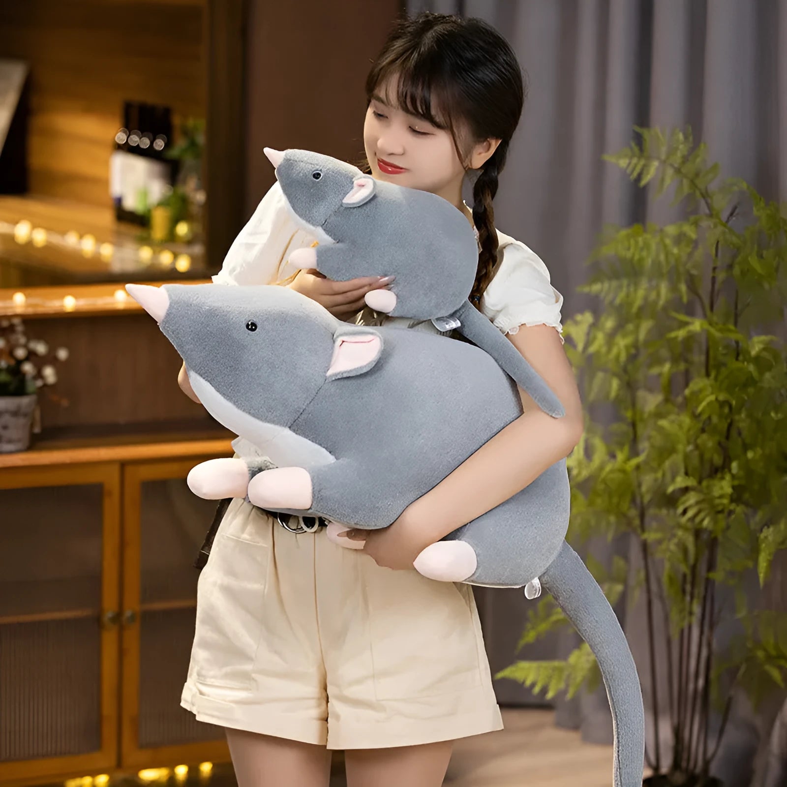 Cartoon-style soft plush mouse doll stuffed toy shown in three available sizes.
