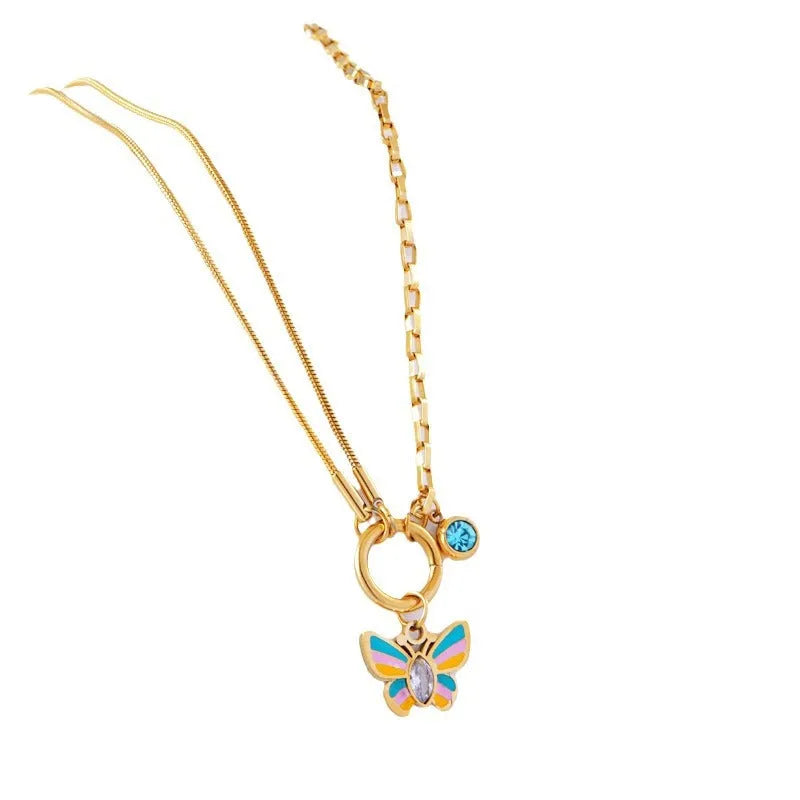 Gold coloured titanium steel necklace and bracelet set with colourful epoxy butterfly pendant