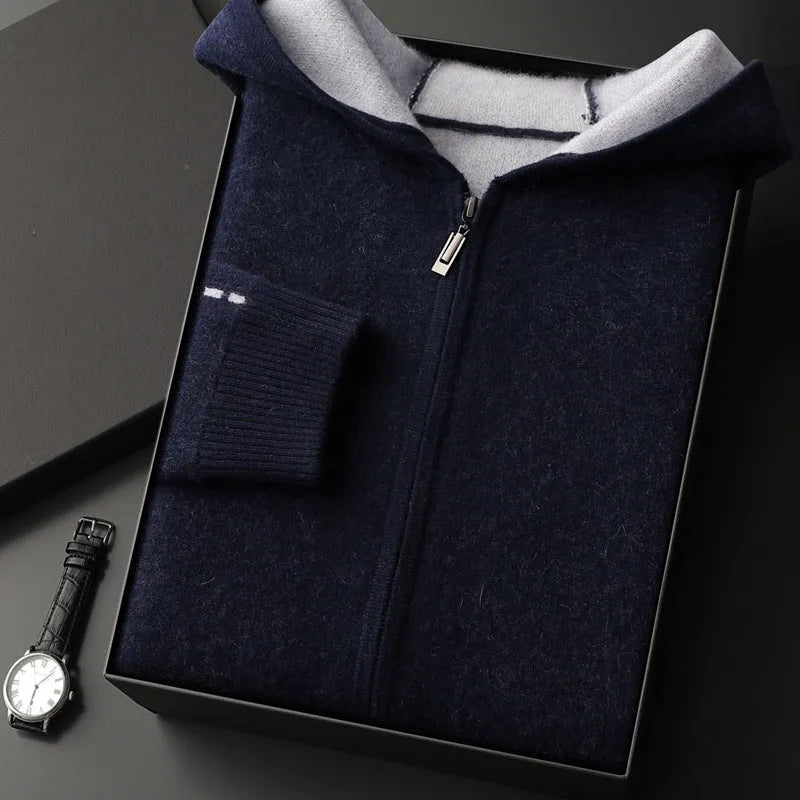 Men's thick cashmere zip-up cardigan sweater in dark blue with half-high collar