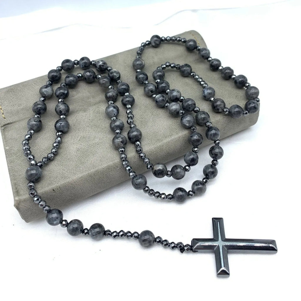 Men's stone cross pendant necklace with ball bead chain and safety lock clasp