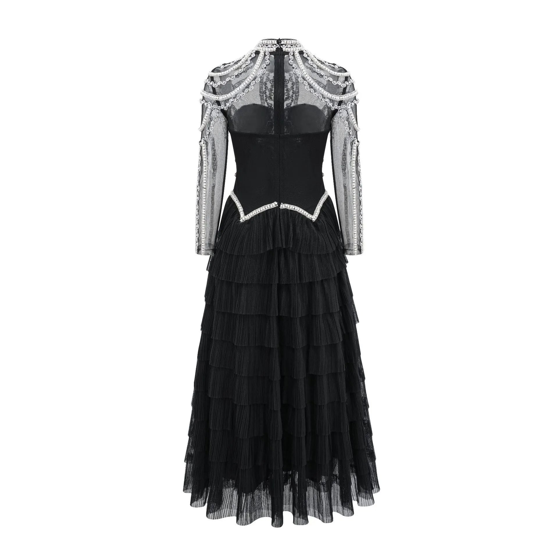 Women's black long sleeve beaded dress with decorative elements and mid waist design