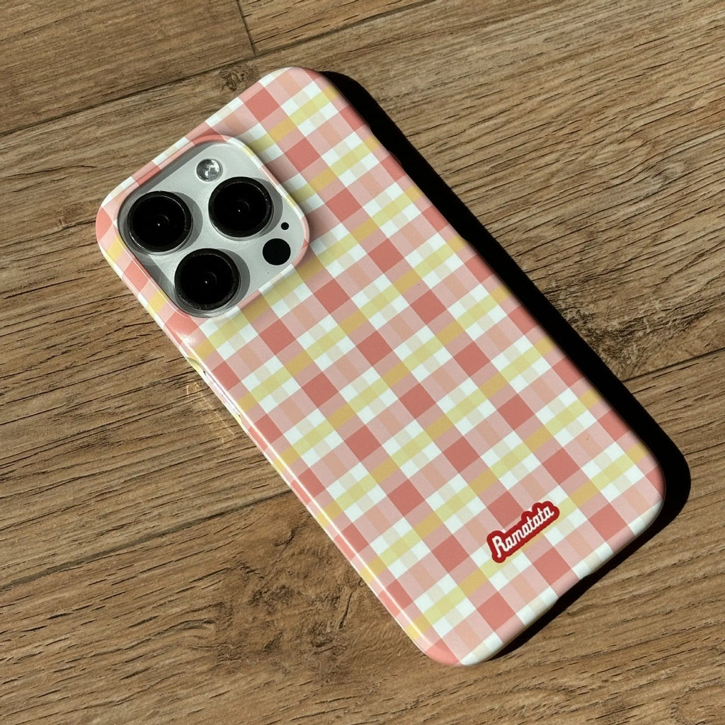 Anti-fingerprint plaid phone case for iPhone 15 Pro Max in red and orange pattern