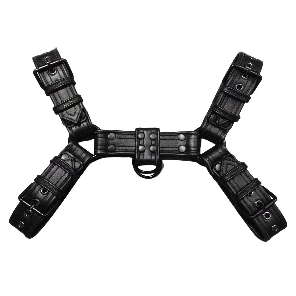 Black leather chest bondage strap with metal buckle and rivet details for adult costume use.