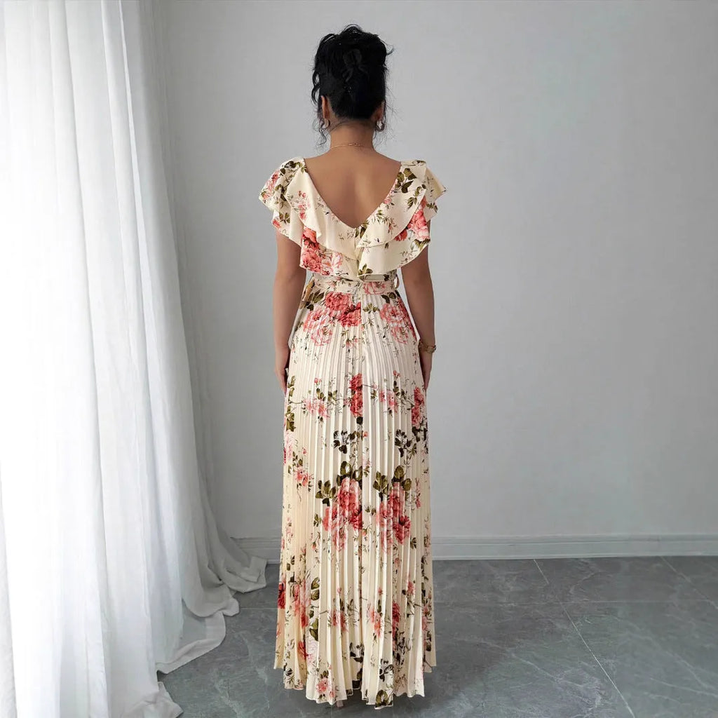 Apricot V-neck dress with digital floral print, ruffled short sleeves and oversized swing skirt