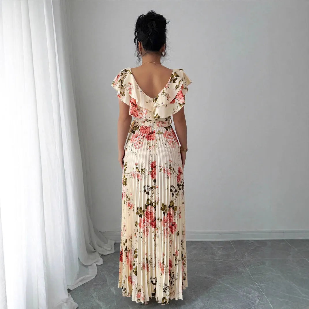 Apricot V-neck dress with digital floral print, ruffled short sleeves and oversized swing skirt