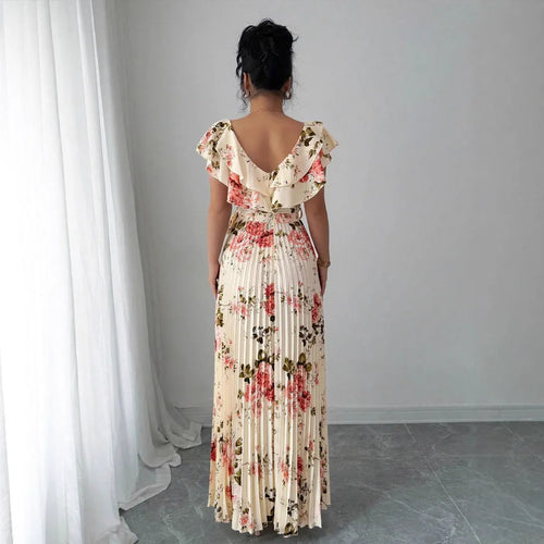 Apricot V-neck dress with digital floral print, ruffled short sleeves and oversized swing skirt