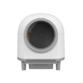 White automatic cat litter box with enclosed design measuring 556mm long by 512mm wide