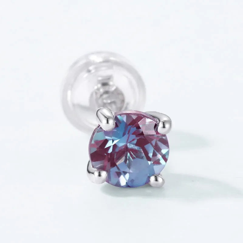 Women's sterling silver ear studs with cultivated Alexandrite stone in geometric round design