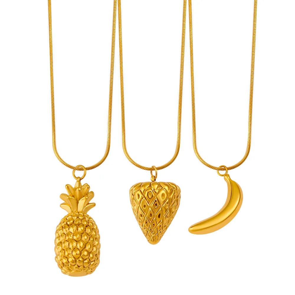 Women's fruit pendant necklace with stainless steel chain and apple, grape, watermelon, pineapple, strawberry, or banana alloy charm