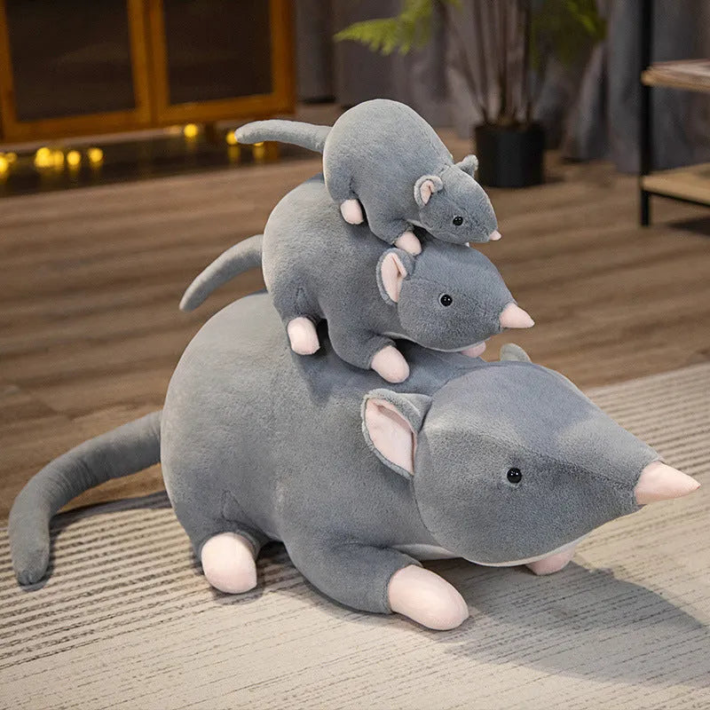 Cartoon-style soft plush mouse doll stuffed toy shown in three available sizes.
