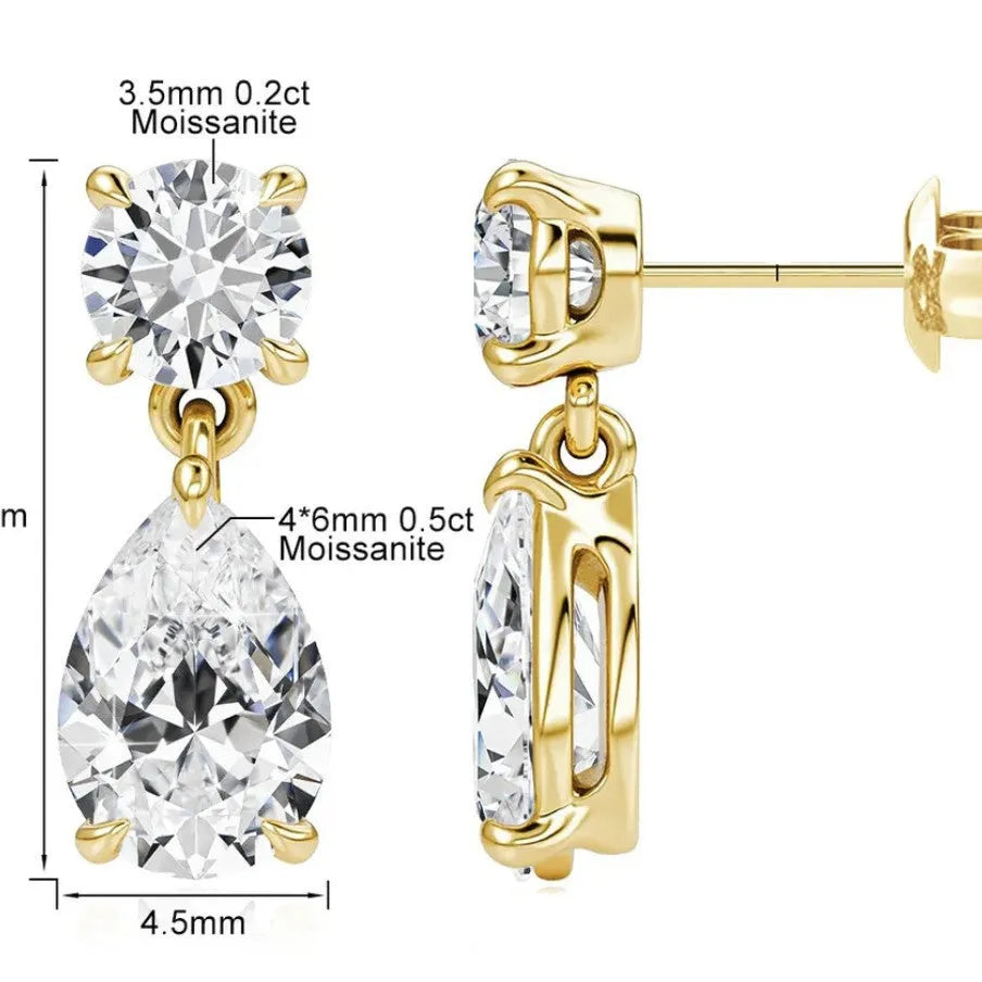 925 sterling silver water drop moissanite stud earrings with round and geometric stones in gold or silver plating