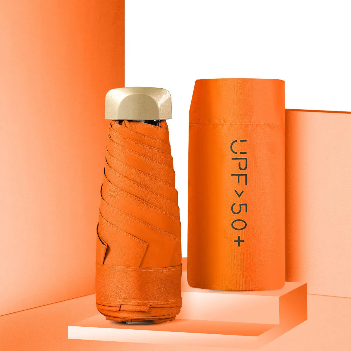 Compact five-fold sun umbrella in various colours with manual open mechanism and rubber handle