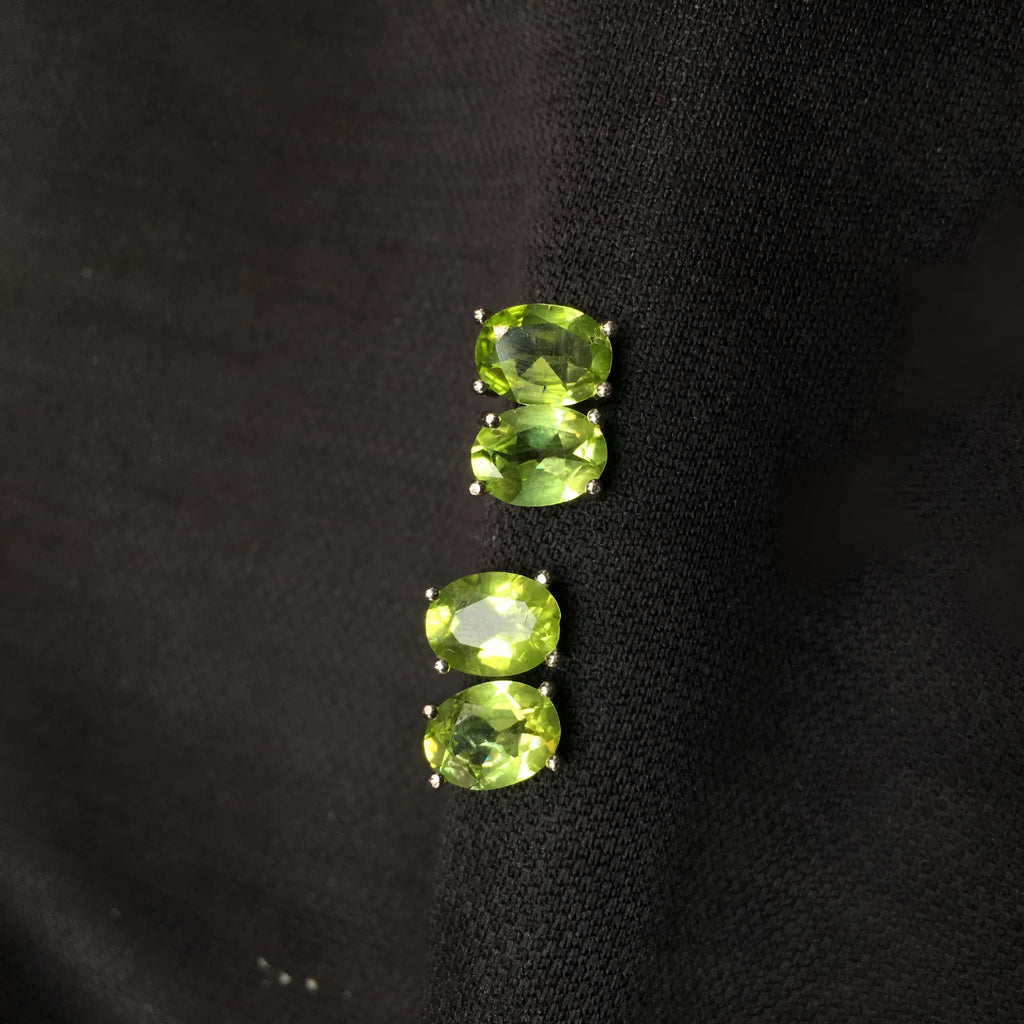 Natural grass green olivine stud earrings with geometric S925 silver setting and 6×8mm faceted stone