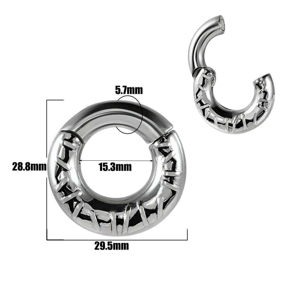 A pair of stainless steel totem pattern earrings with an electroplated finish, shown from the 15 available style options.