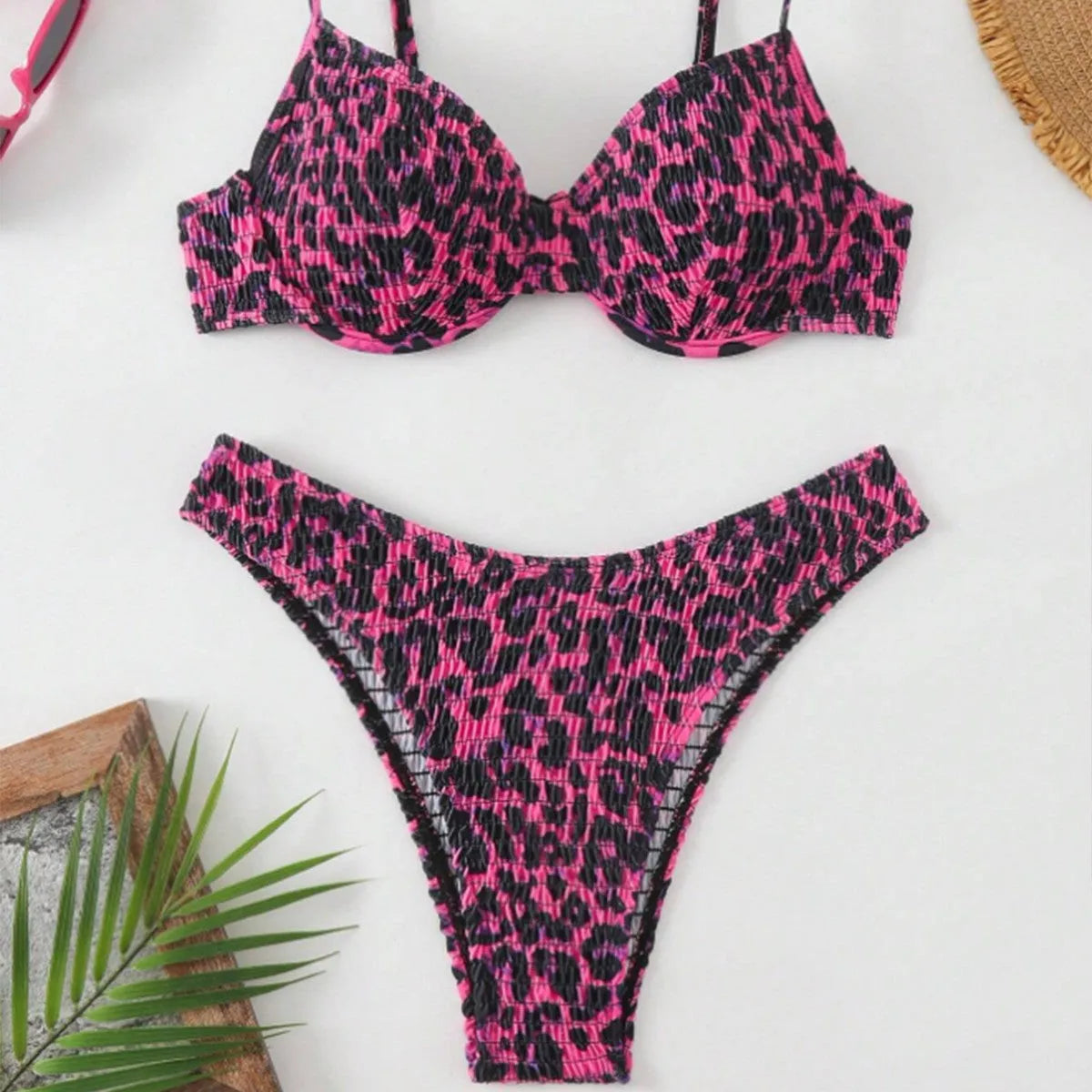 Leopard point bikini swimsuit set for women in backless briefs style, shown in brown mixed colour.