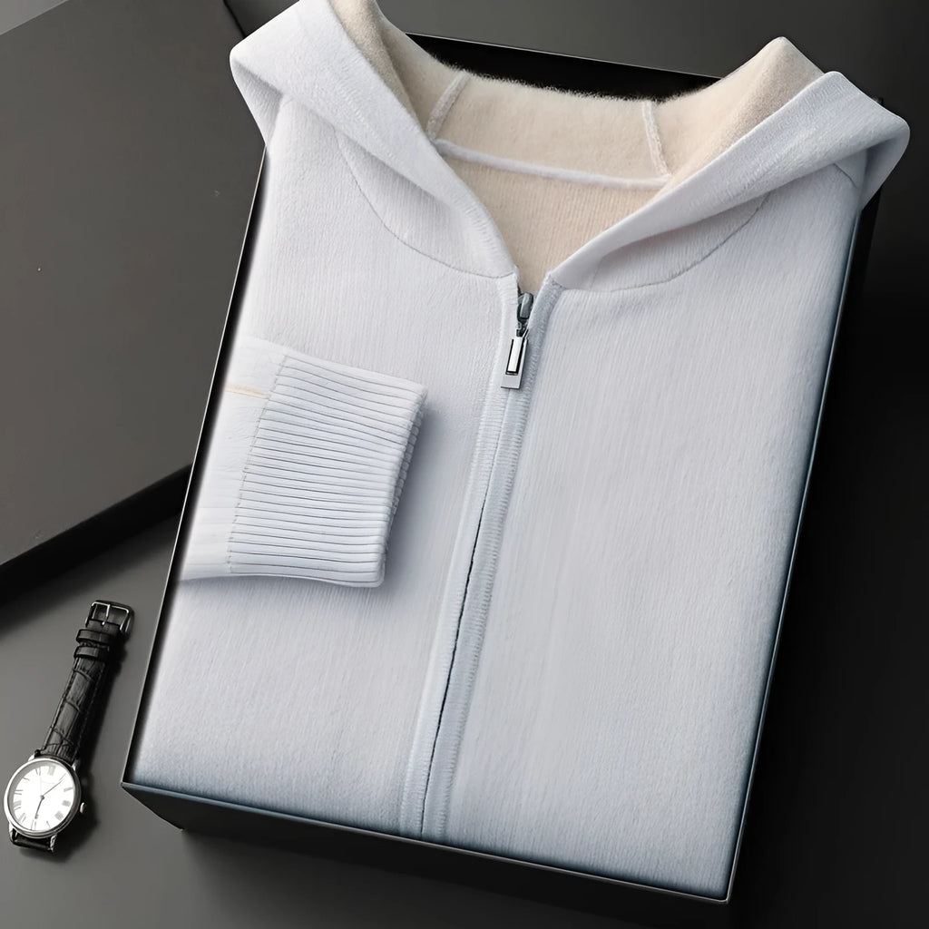 Men's thick cashmere zip-up cardigan sweater in dark blue with half-high collar