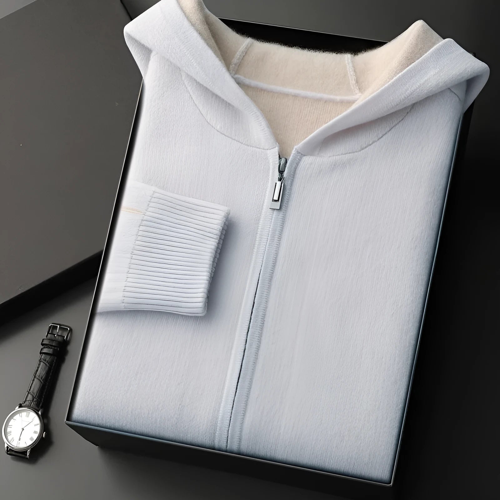Men's thick cashmere zip-up cardigan sweater in dark blue with half-high collar