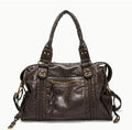 Women's brown retro soft PU messenger bag with woven detail and a single shoulder strap