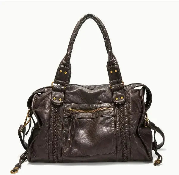 Women's brown retro soft PU messenger bag with woven detail and a single shoulder strap