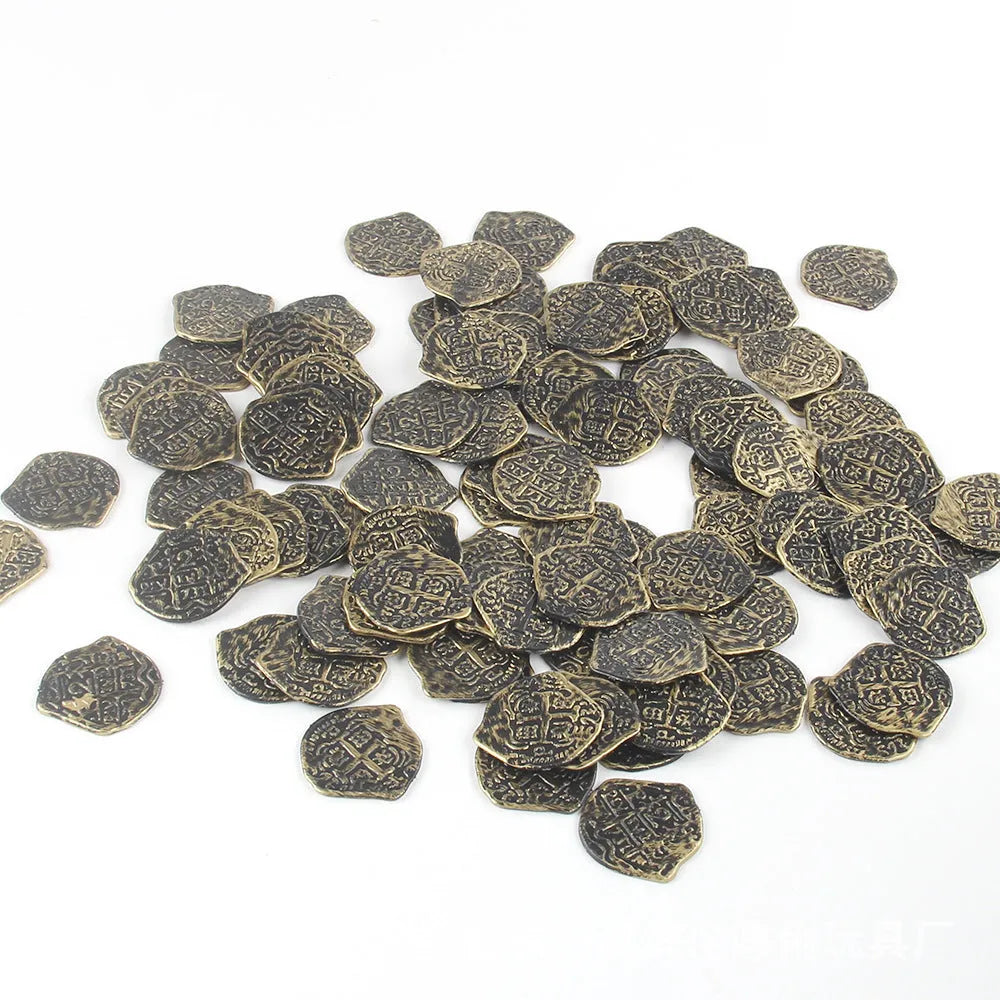 100 plastic Roman pirate coins with metallic electroplated finish in bronze, gold, and silver colour options
