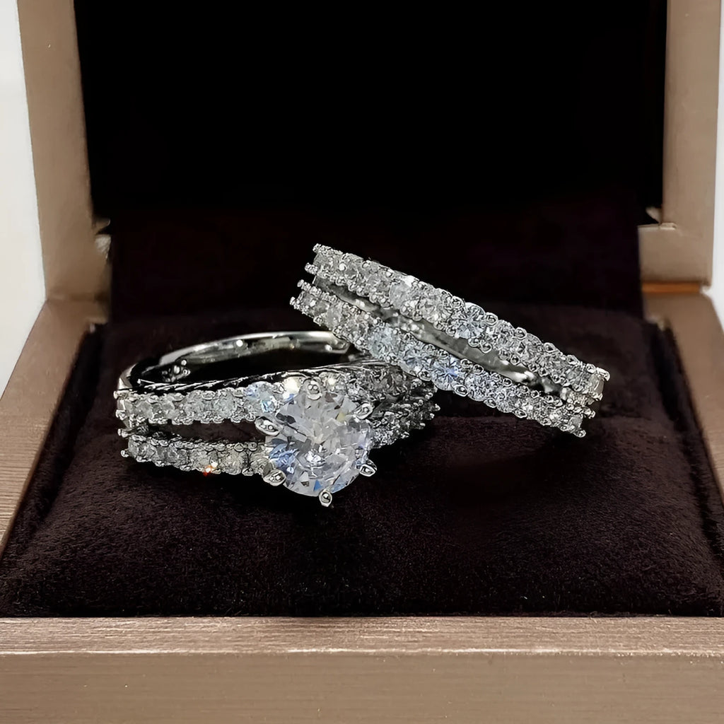 2-in-1 women's fashion ring set with fully-jewelled geometric and round designs in gold, rose gold, and silver colours