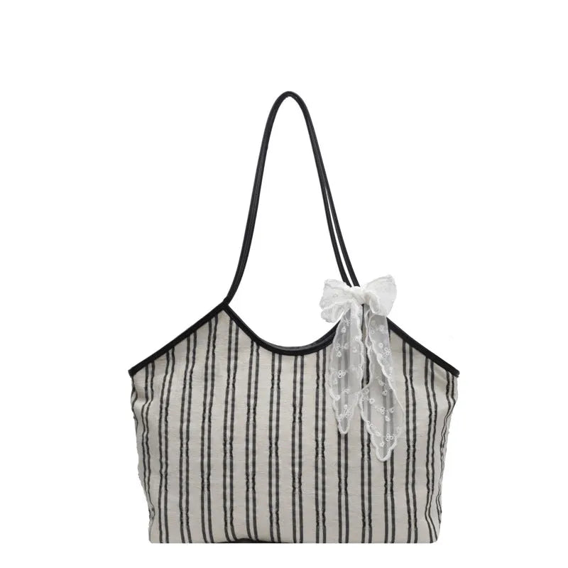 Striped cloth simple Korean style bucket shoulder messenger bag for women with peach skin lining and beige ribbon scarf
