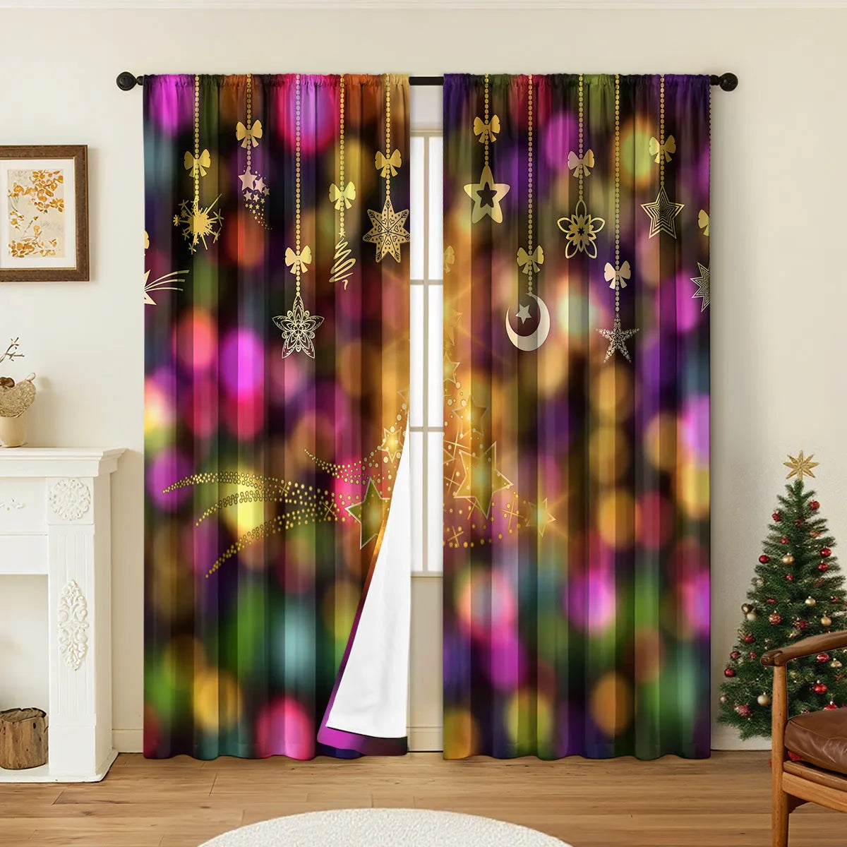 3D digitally printed Christmas curtain pair showing festive patterns on polyester fabric with sunshade properties