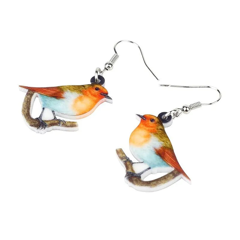 Acrylic blue titmouse pendant earrings with geometric animal and snake zodiac design in colourful printing
