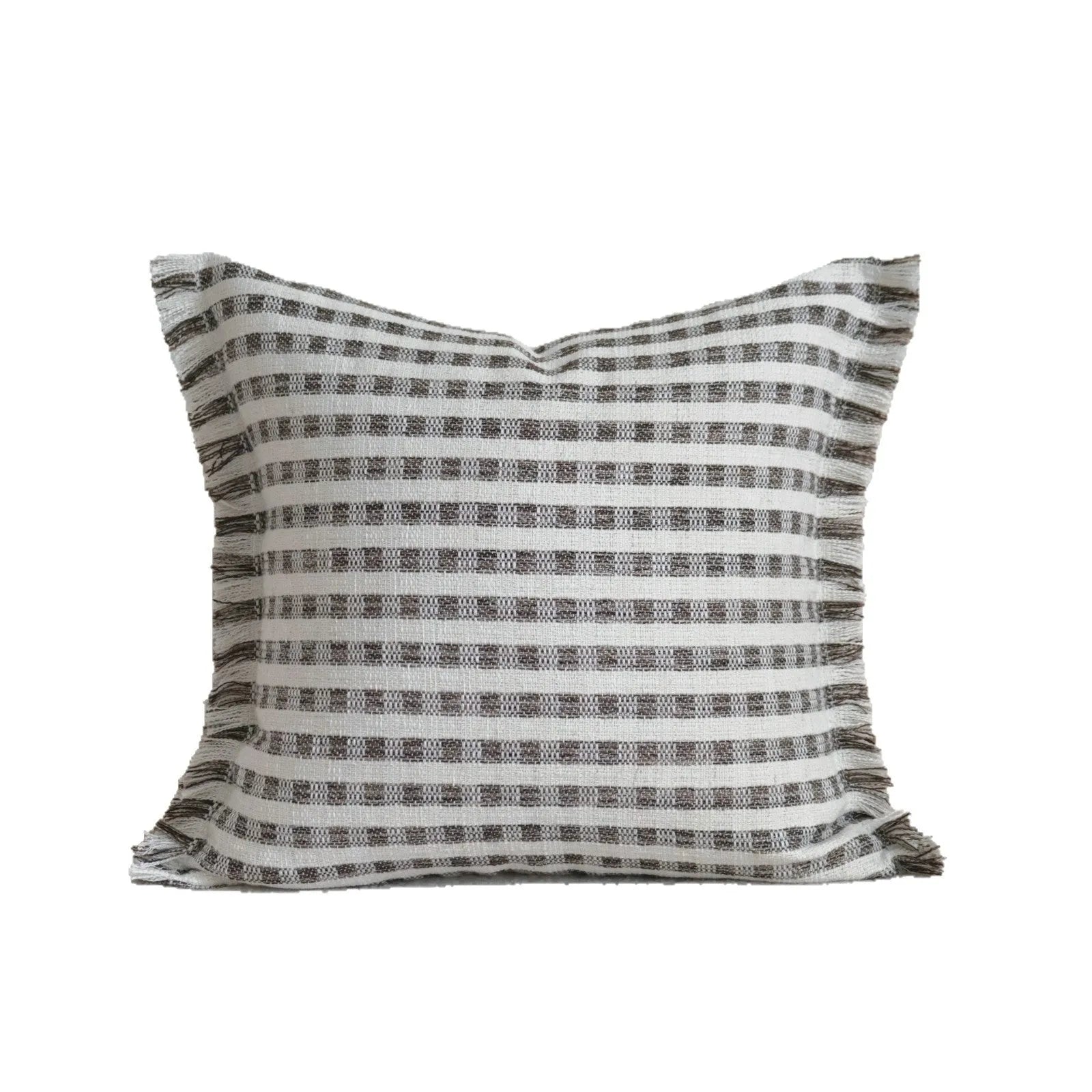 Coffee brown striped mid-century sofa cushion in Chinese classical style on a grey sofa.