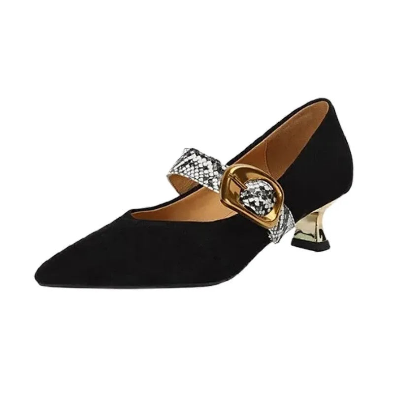 Black French pointed stiletto high heels for women with a buckle strap closure.