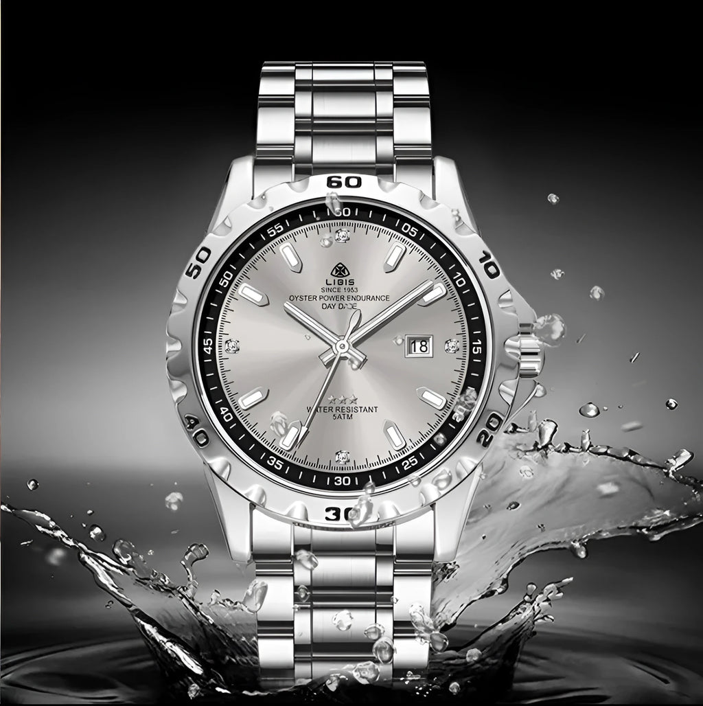 Men's silver quartz watch with luminous dial and stainless steel strap