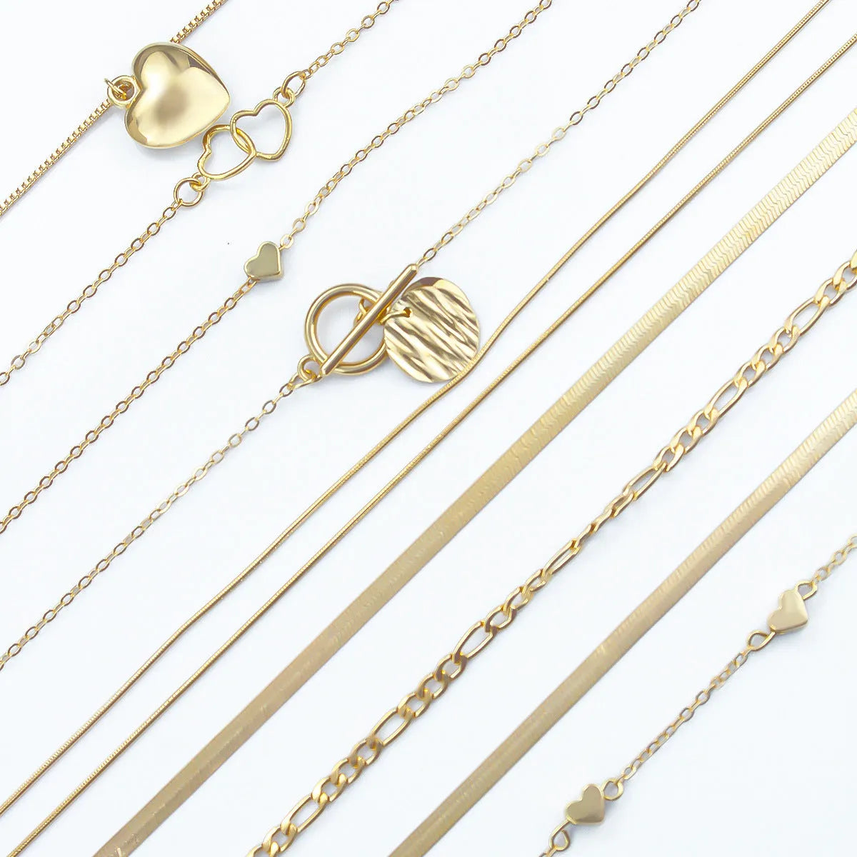 Gold necklace set with ten alloy pendants on adjustable snake bone chain