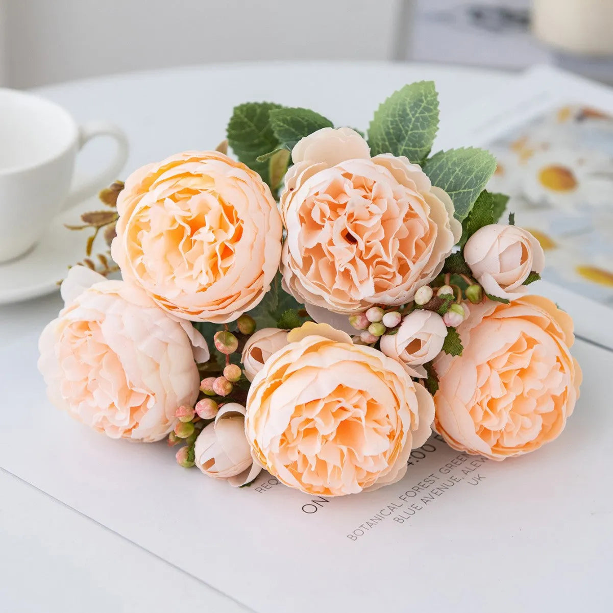 Artificial peony bouquet silk flower arrangement champagne sand red colour 30cm tall