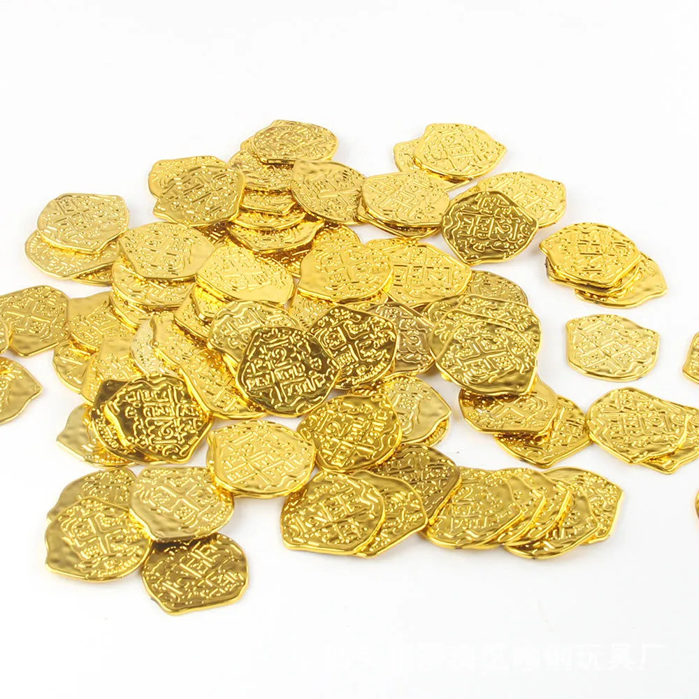 100 plastic Roman pirate coins with metallic electroplated finish in bronze, gold, and silver colour options