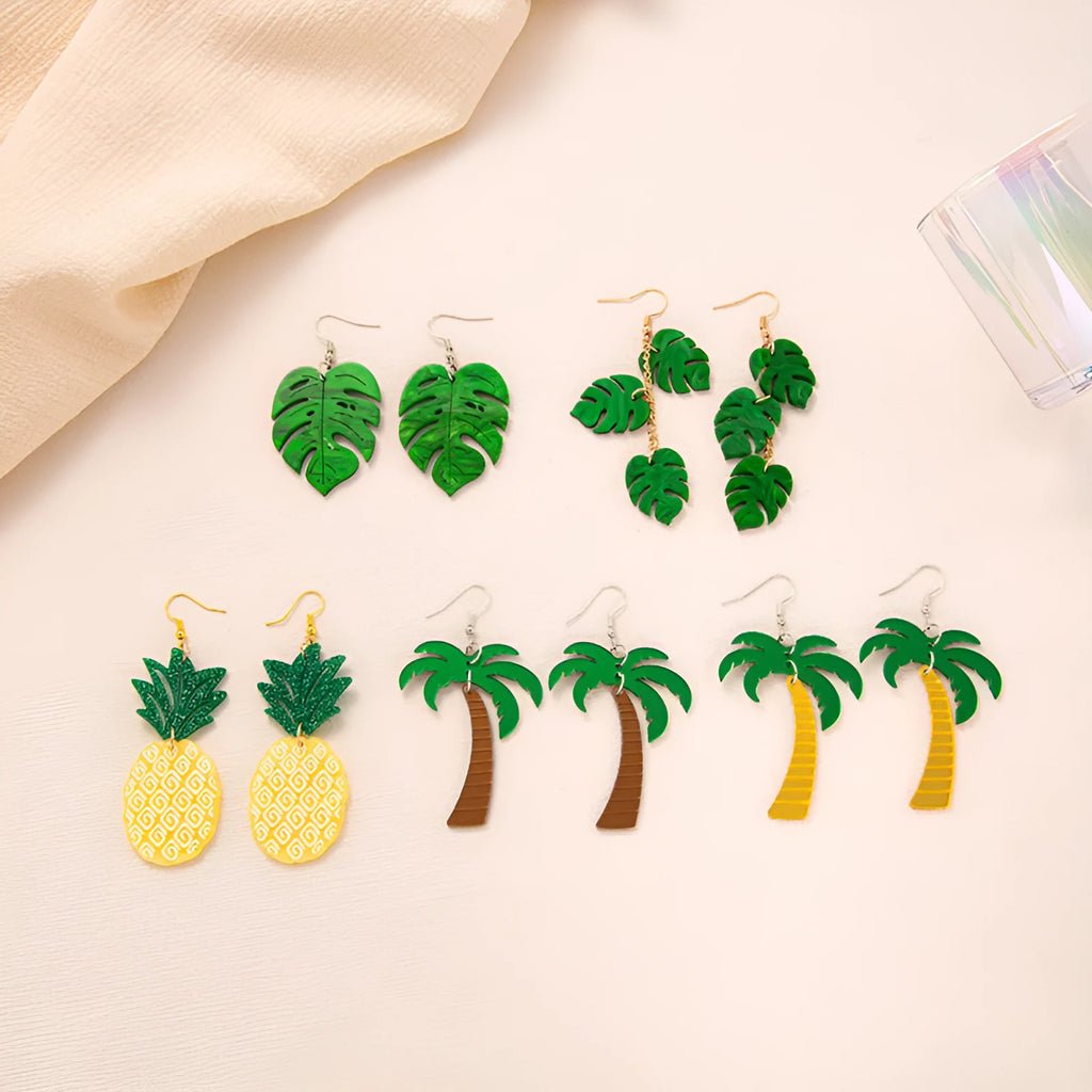 Drop shaped alloy and acrylic ear hook earrings with coconut summer design in multiple colours.