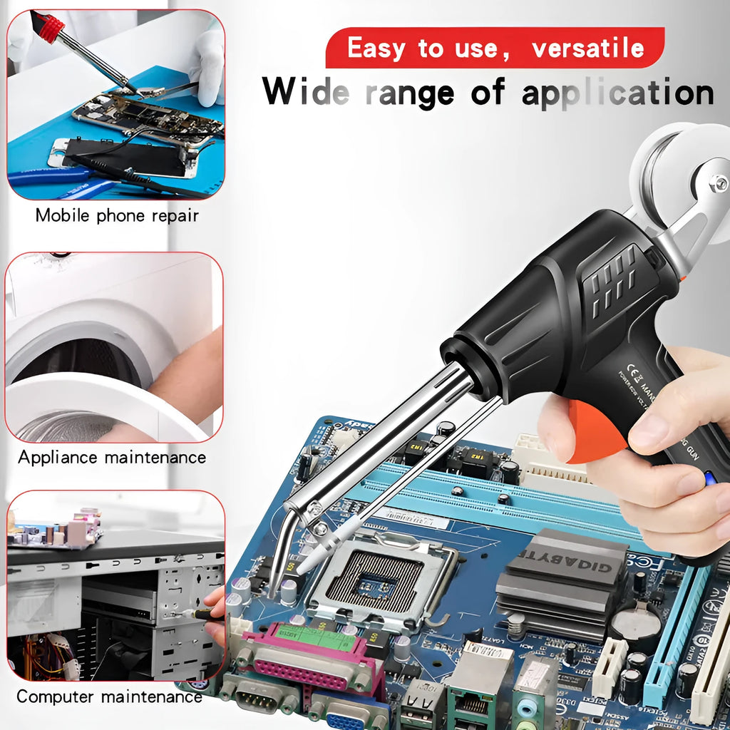 Black G102 alloy soldering gun kit with light, showing five pieces including iron, stand, and accessories.