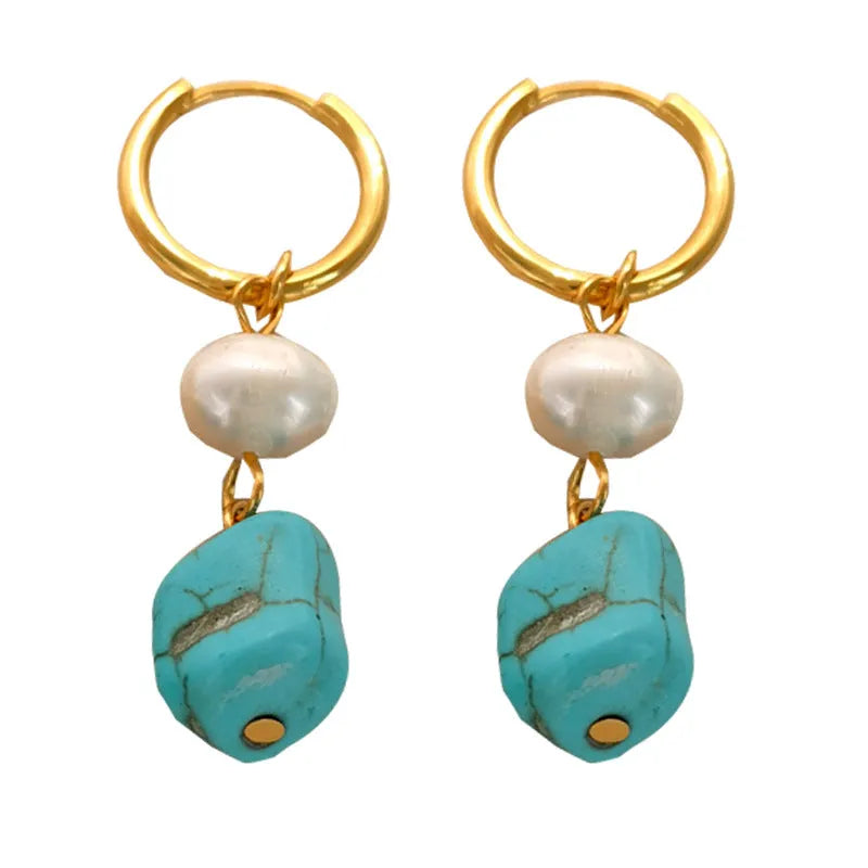 Copper geometric ear clips with cultured pearls and irregular turquoise stones for women