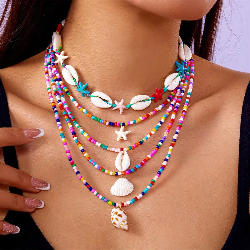 Blue and colour women's multi-layer necklace set with starfish shell conch pendants and bead elements