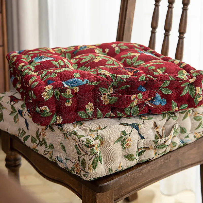 American dining chair back cushion with botanical pattern providing waist support for long sitting comfort