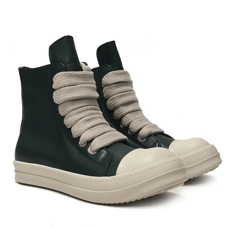 Black high-top leather sneakers with side zipper and platform sole on a white background