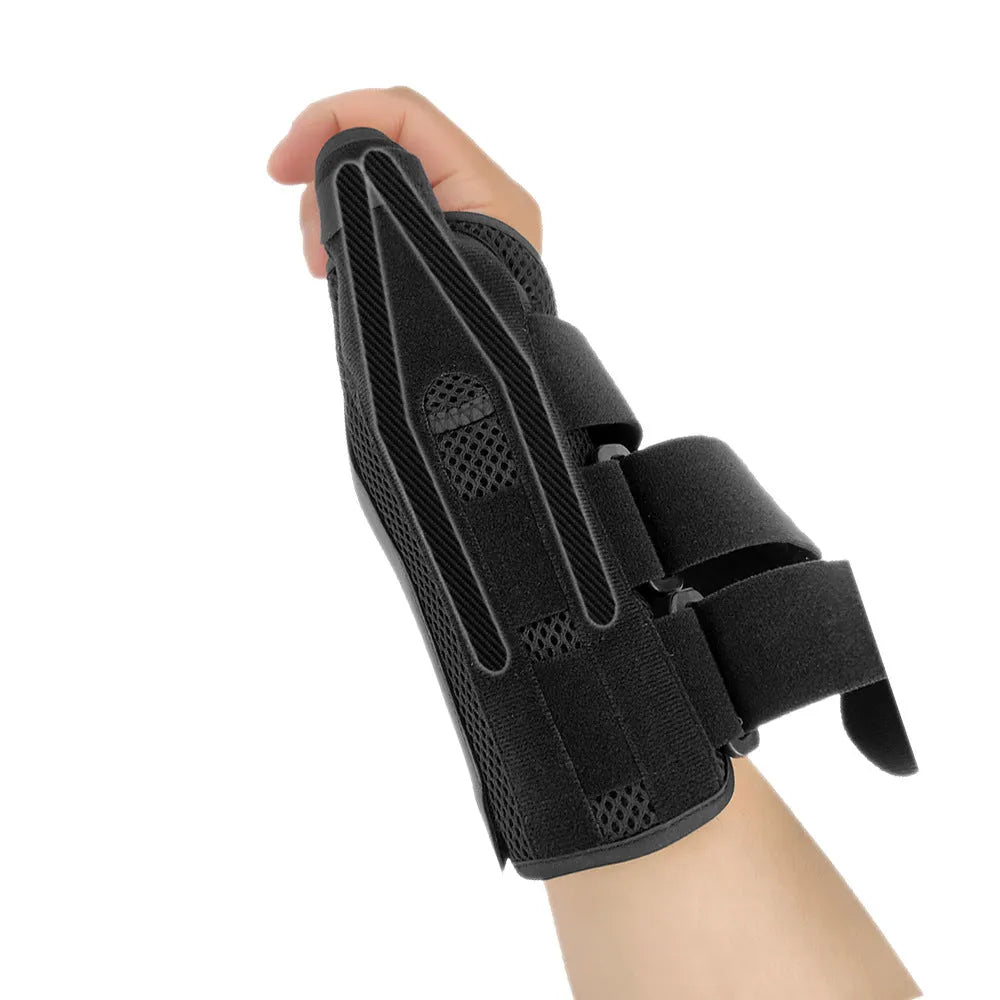 Black carbon fibre sports wrist guard with thumb strap for left or right hand support